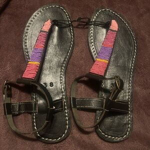 Anthropologie Laid Back London Kisu Black Leather Beaded Thong Sandals 38 or 7.5